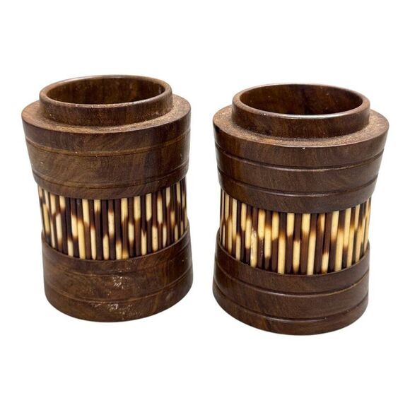 Vintage Ceylonese Handcrafted Wooden Vases Pot Pencil Holder Porcupine Quills - Picture 1 of 6